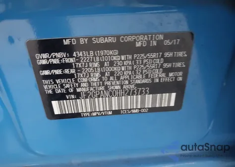 2017 Subaru Crosstrek 2.0I Limited from USA, damaged, VIN JF2GPANC0HH273733